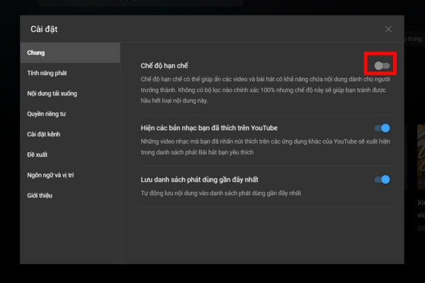 cách bật/ tắt chế độ hạn chế trên Youtube Music như thế nào trên máy tính bước 2 cách bật/ tắt chế độ hạn chế trên Youtube Music như thế nào trên máy tính bước 2