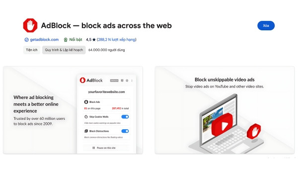 Phần mềm chặn quảng cáo Google Chrome AdBlock