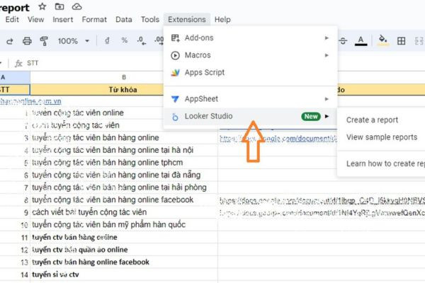 Cách tạo báo cáo Looker Studio trên Google Sheets bước 1