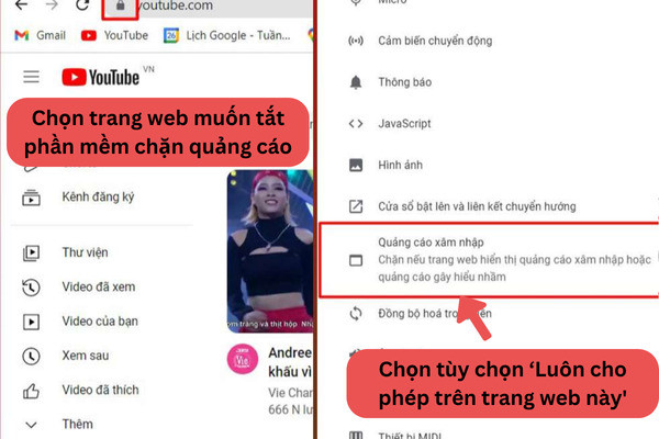 tắt phần mềm chặn quảng cáo trển những trang web cụ thể bước 1