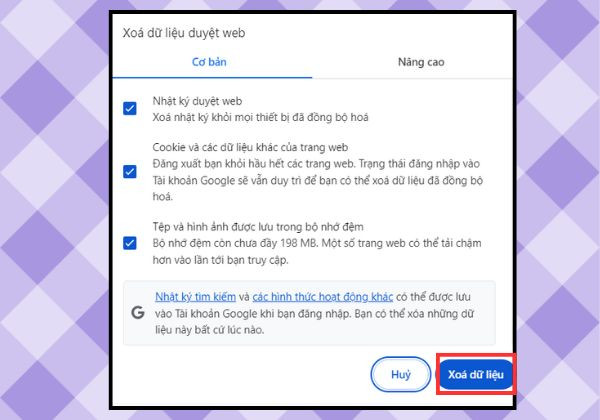 Xóa cache cùng  lịch sử trình duyệt Web bước 2