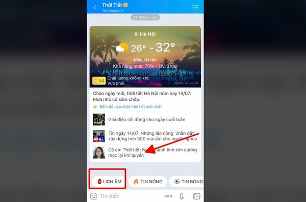 Xem lịch âm trên Zalo