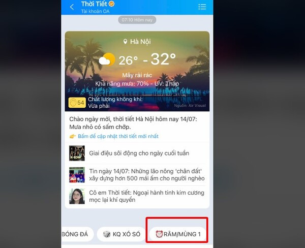 Xem lịch âm trên Zalo