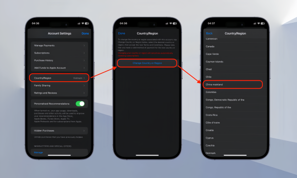 cách chuyển vùng trên iOS bước 2