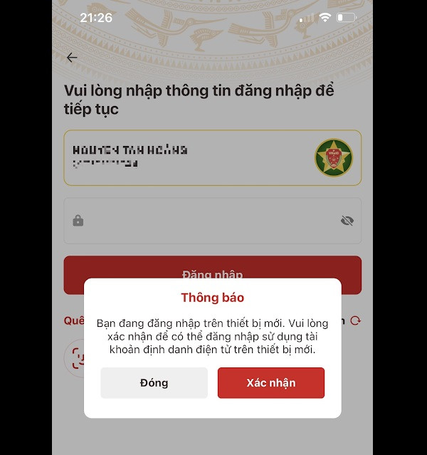 Đăng nhập VNeID bằng cách sử dụng mật mã từ thiết bị cũ