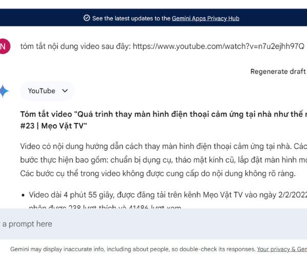 Dùng Gemini để tóm tắt nội dung video