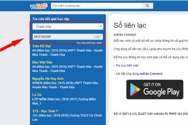 Hướng dẫn cách dùng vnEdu tra cứu điểm trên máy tính bước 2