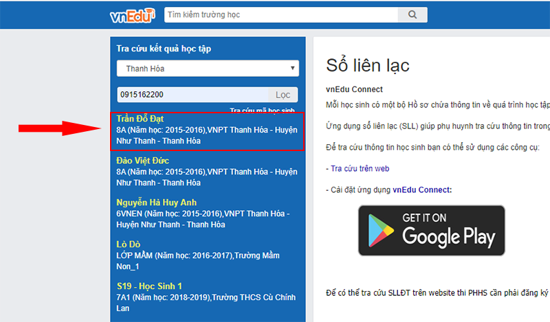 Hướng dẫn cách dùng vnEdu tra cứu điểm trên máy tính bước 3
