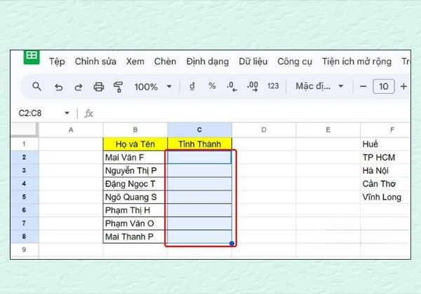 Tạo nhiều lựa chọn từ dữ liệu có sẵn trong bảng tính Google Sheet bước 1 Tạo nhiều lựa chọn từ dữ liệu có sẵn trong bảng tính Google Sheet bước 1