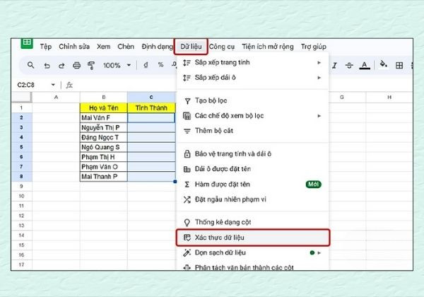 Tạo nhiều lựa chọn từ dữ liệu có sẵn trong bảng tính Google Sheet bước 2 Tạo nhiều lựa chọn từ dữ liệu có sẵn trong bảng tính Google Sheet bước 2