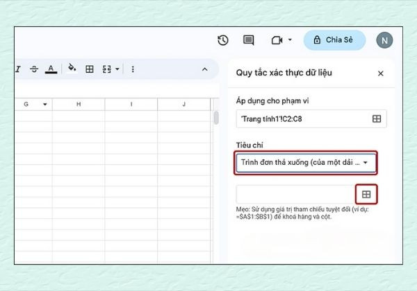 Tạo nhiều lựa chọn từ dữ liệu có sẵn trong bảng tính Google Sheet bước 4 Tạo nhiều lựa chọn từ dữ liệu có sẵn trong bảng tính Google Sheet bước 4