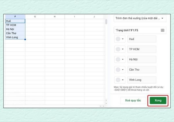 Tạo nhiều lựa chọn từ dữ liệu có sẵn trong bảng tính Google Sheet bước 5 Tạo nhiều lựa chọn từ dữ liệu có sẵn trong bảng tính Google Sheet bước 5