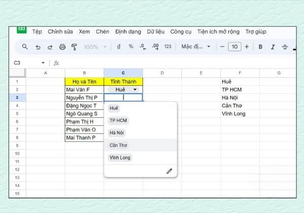 Tạo nhiều lựa chọn từ dữ liệu có sẵn trong bảng tính Google Sheet bước 6 Tạo nhiều lựa chọn từ dữ liệu có sẵn trong bảng tính Google Sheet bước 6