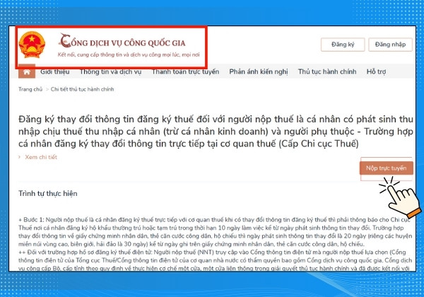 Thay đổi thông tin thuế thông qua Cổng Dịch vụ công Quốc gia bước 1