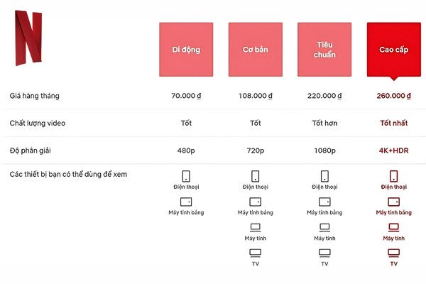 Các gói mua acc Netflix phổ biến tại Việt Nam