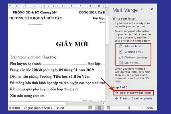 Hướng dẫn cách Mail Merge trong word trộn văn bản đơn giản bước 7 Hướng dẫn cách Mail Merge trong word trộn văn bản đơn giản bước 7