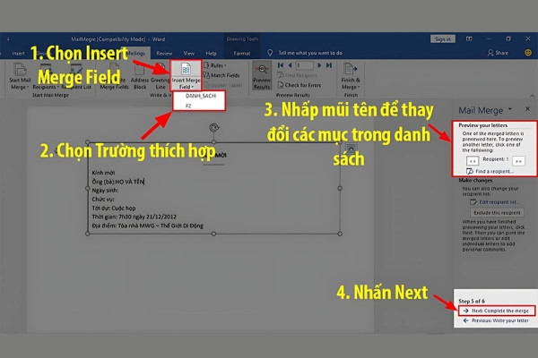 Hướng dẫn cách Mail Merge trong word trộn văn bản đơn giản bước 9 Hướng dẫn cách Mail Merge trong word trộn văn bản đơn giản bước 9