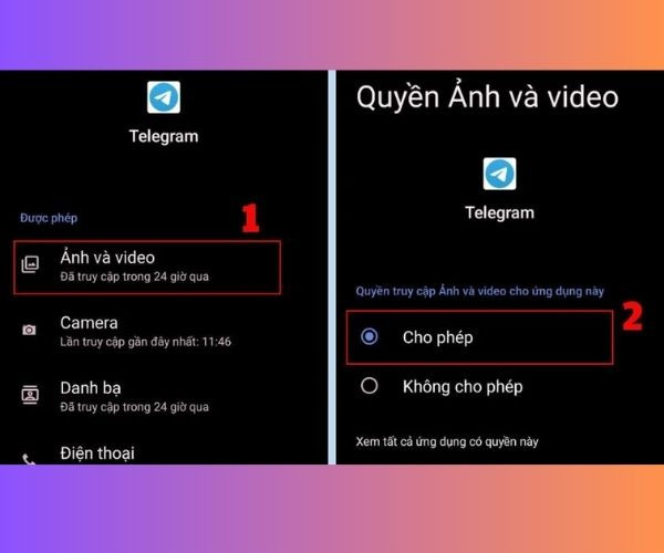 cấp quyền truy cập cho ứng dụng Telegram bước 1