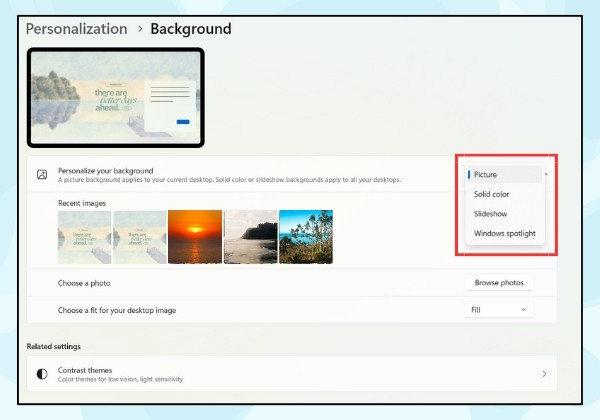 Thay đổi hình nền máy tính Win 11 bằng cách chọn Background mới B3