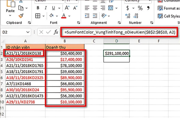 Tính tổng các ô cùng màu chữ bằng VBA B2 Tính tổng các ô cùng màu chữ bằng VBA B2