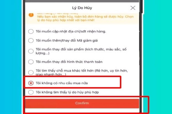 Cách hủy đơn hàng trên Shopee khi ở trạng thái chờ xác nhận thành công 5