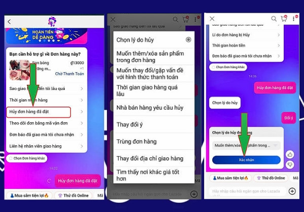 Cách hủy đơn Lazada trên mục Chat với ứng dụng Lazada B3
