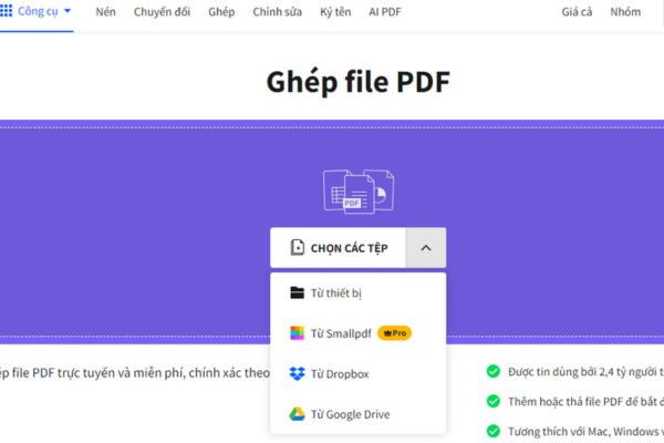 Ghép file PDF trực tuyến bằng smallpdf bước 2