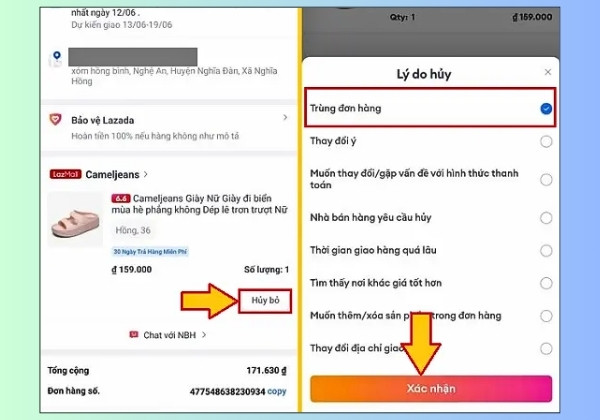Hủy đơn đặt hàng Lazada qua tài khoản B2