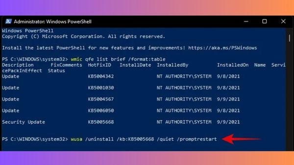 Sử dụng PowerShell hoặc CMD để xóa file update win 11 bước 5.3