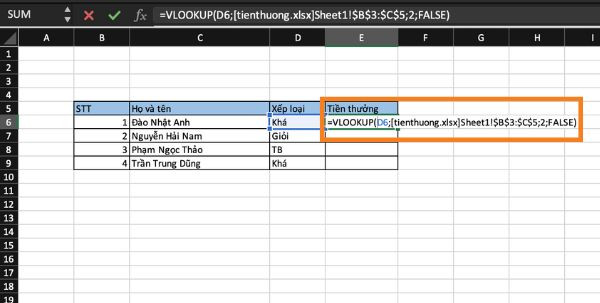 Cách dùng hàm VLOOKUP giữa 2 file bước 1