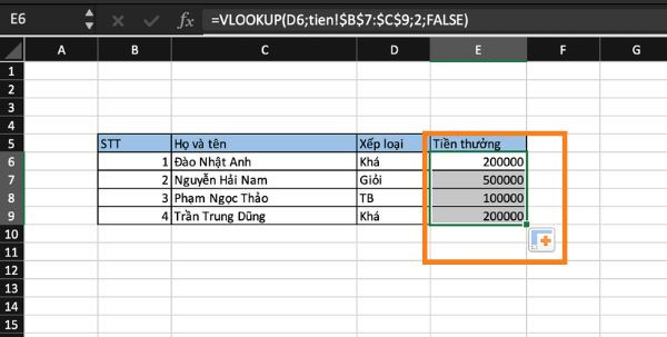 Cách dùng hàm VLOOKUP giữa 2 sheet bước 2