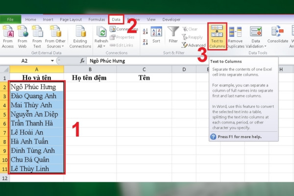 Cách tách tên trong excel với lệnh Text to Columns bướcc 1