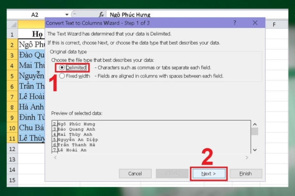 Cách tách tên trong excel với lệnh Text to Columns bướcc 2