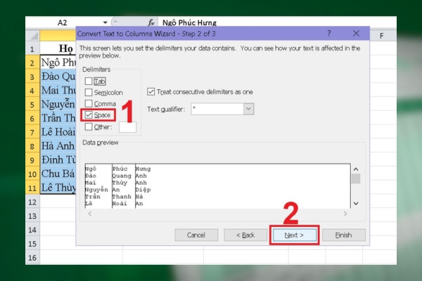Cách tách tên trong excel với lệnh Text to Columns bước 3