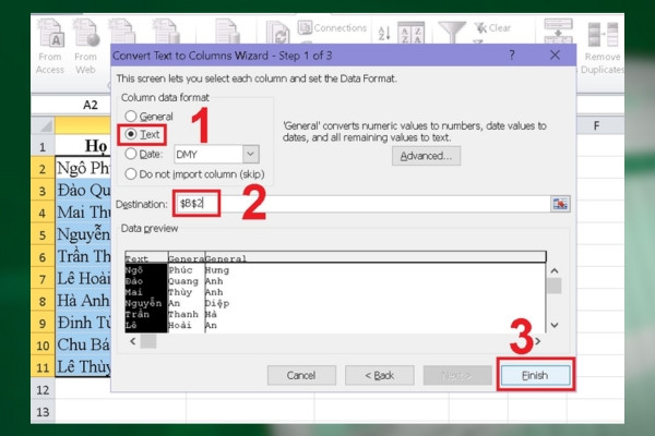 Cách tách tên trong excel với lệnh Text to Columns bước 4