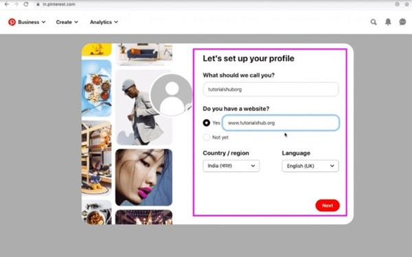 Cach tao tai khoan pinterest web buoc 3