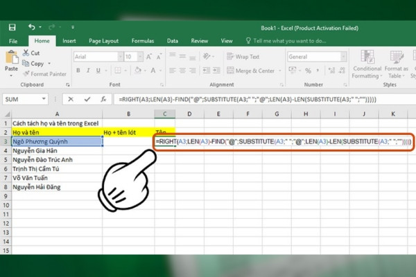 Kết hợp nhiều hàm để tách họ và tên trong Excel bước 1