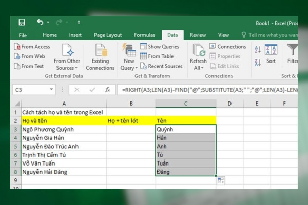 Kết hợp nhiều hàm để tách họ và tên trong Excel bước 2
