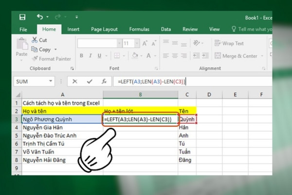 Kết hợp nhiều hàm để tách họ và tên trong Excel bước 3