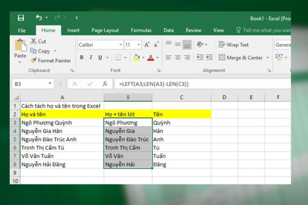 Kết hợp nhiều hàm để tách họ và tên trong Excel bước 4