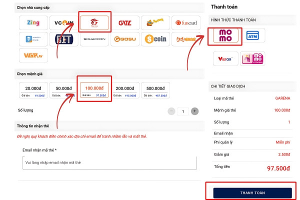 Thanh toán nạp thẻ Garena Liên Quân bằng Momo bước 1