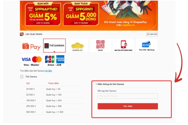 Thanh toán nạp thẻ Garena Liên Quân bằng Momo bước 4