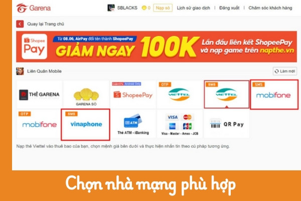 Nạp thẻ Liên Quân Mobile trên SMS bước 1