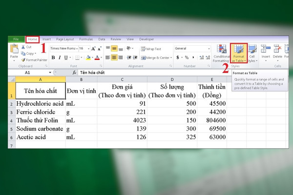 Sử dụng công cụ Format as Table kẻ bảng trong Excel bước 1