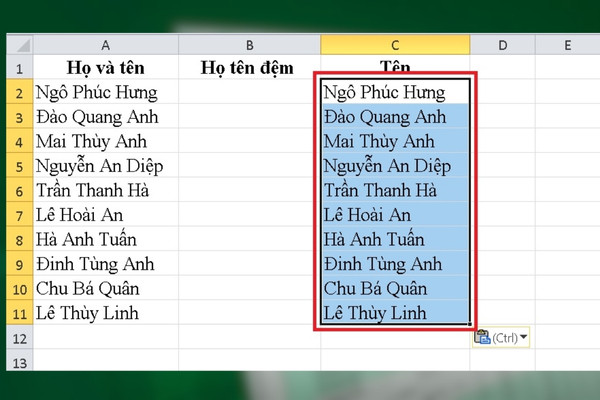 Sử dụng tính năng Find and Replace tách tên trong excel bước 1