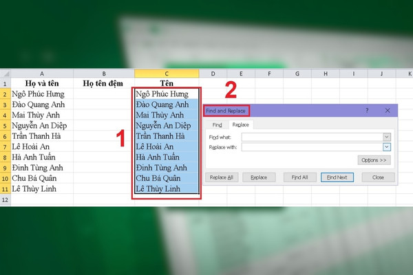 Sử dụng tính năng Find and Replace tách tên trong excel bước 2