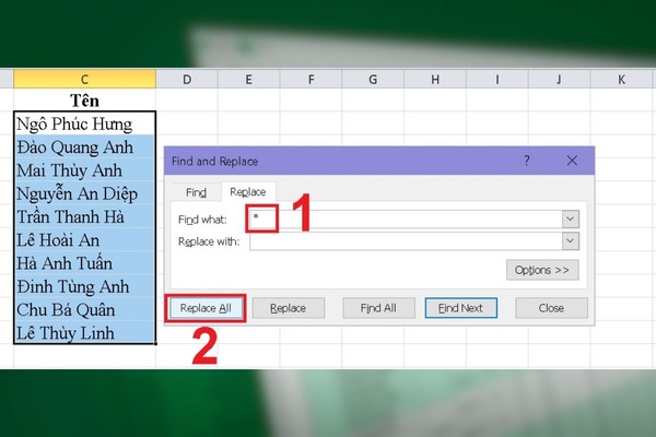 Sử dụng tính năng Find and Replace tách tên trong excel bước 3