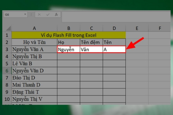 Tách họ tên trong Excel sử dụng tính năng Flash fill bước 1