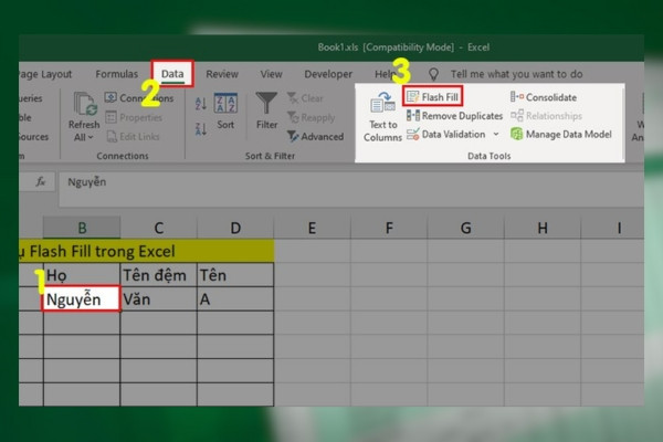Tách họ tên trong Excel sử dụng tính năng Flash fill bước 2
