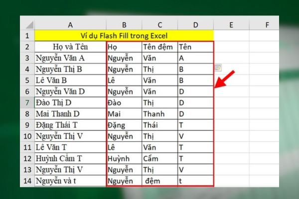 Tách họ tên trong Excel sử dụng tính năng Flash fill bước 3